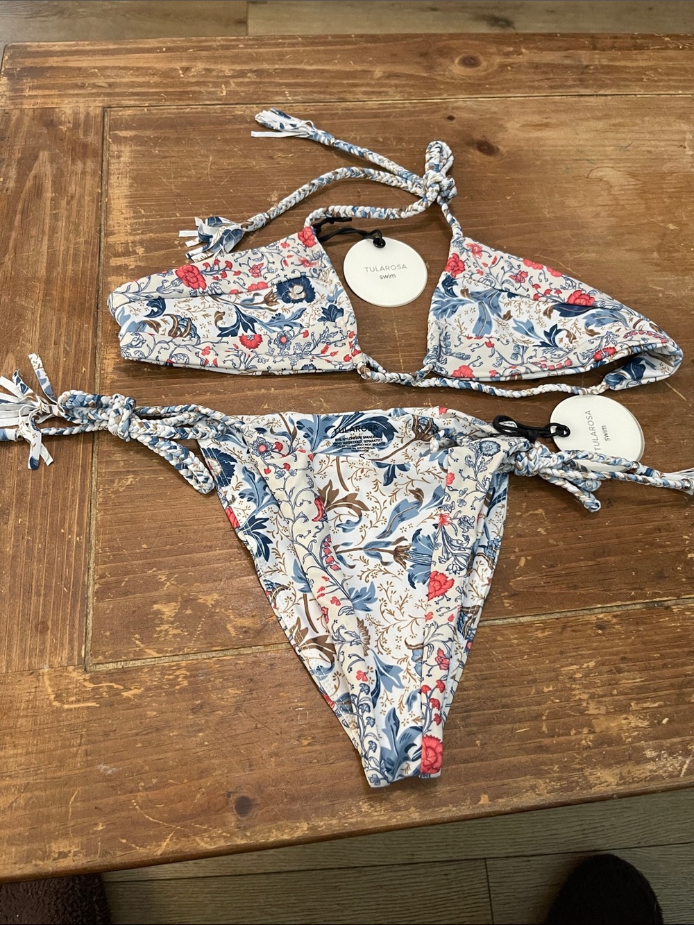 Tularosa Blue Red Cream Floral Triangle Bikini Set